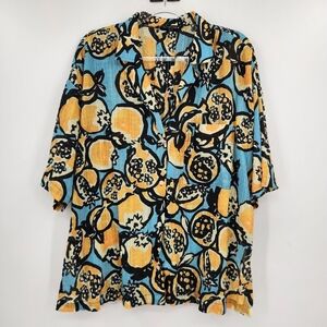 ZARA Oversized Pomegranate Print Button Front Shirt Womens Size Medium Turquoise